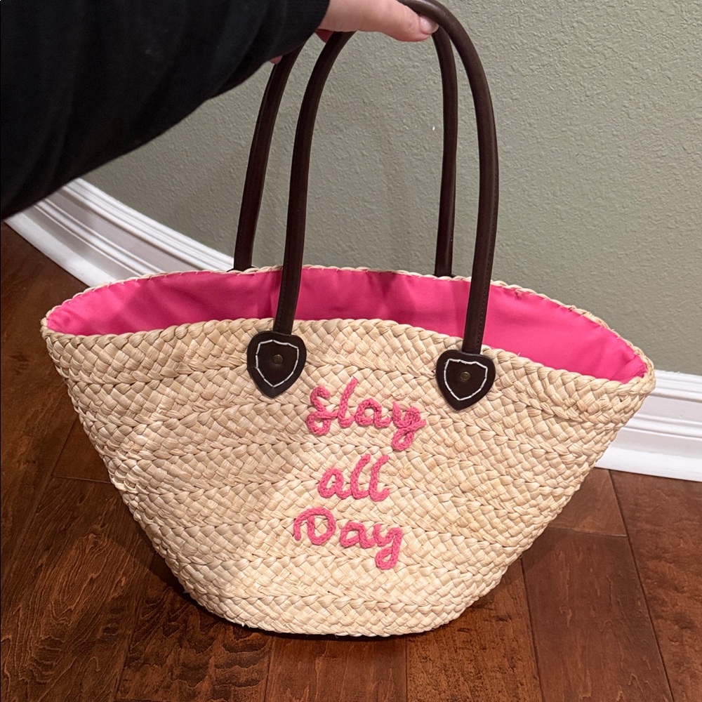 Charming Pink and Tan Woven Tote Bag